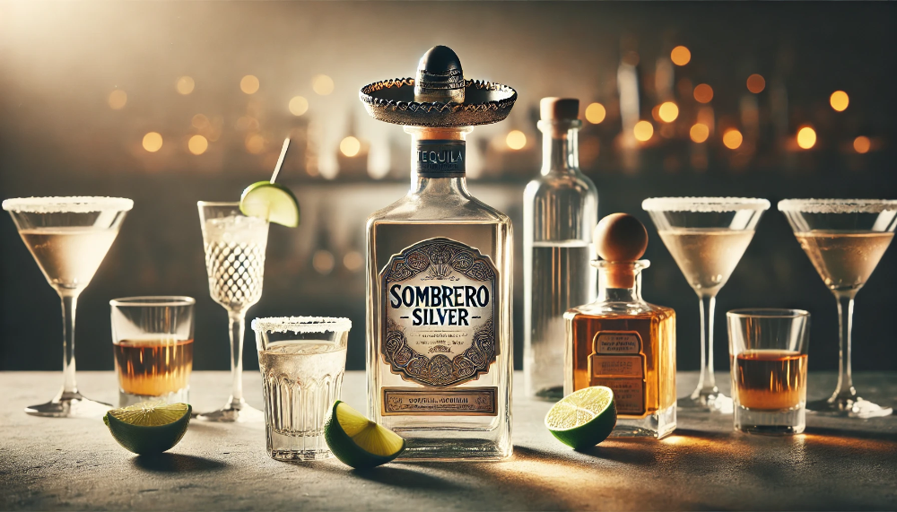 Сучасне оформлення з текілою Sombrero Silver, оточеною коктейльними склянками на кам'яній поверхні